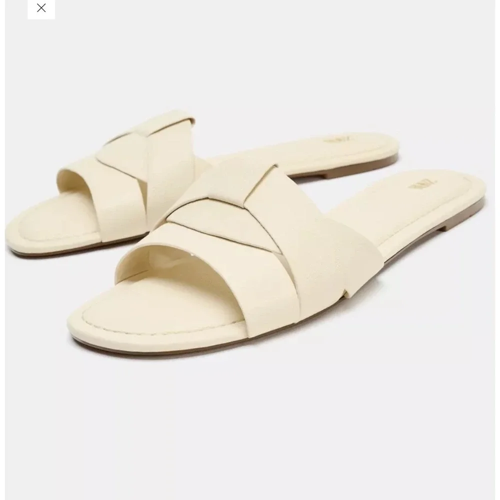 Zara Leather Crossed Strap Flat Sandals Womens 42 11 Off White  Slide - Picture 2 of 12
